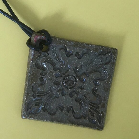 Terracotta Brown Ceramic Embossed Tile Necklace - Picture 2 of 7